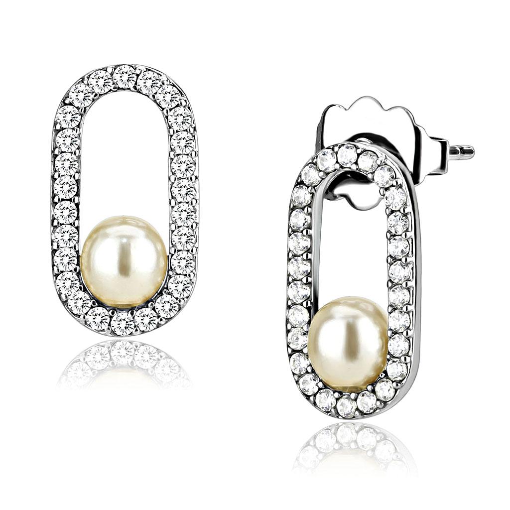 High polished (no plating) Stainless Steel Earrings with Synthetic Pearl in White