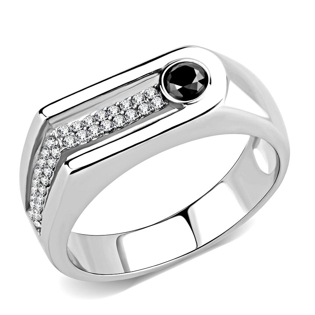High polished (no plating) Stainless Steel Ring with AAA Grade CZ  in Black Diamond
