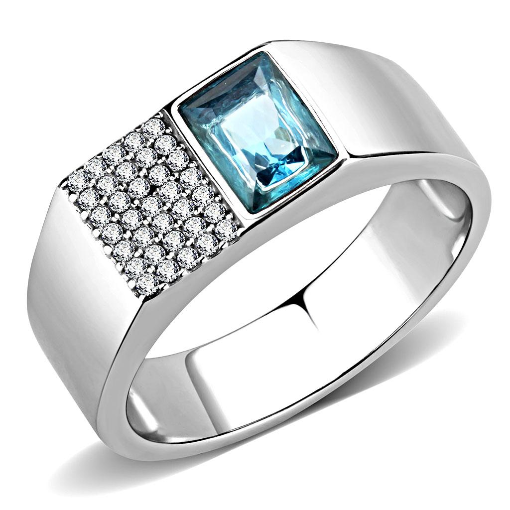 High polished (no plating) Stainless Steel Ring with Synthetic  in Sea Blue