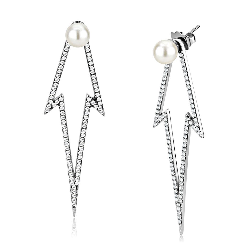 High polished (no plating) Stainless Steel Earrings with Synthetic  in White