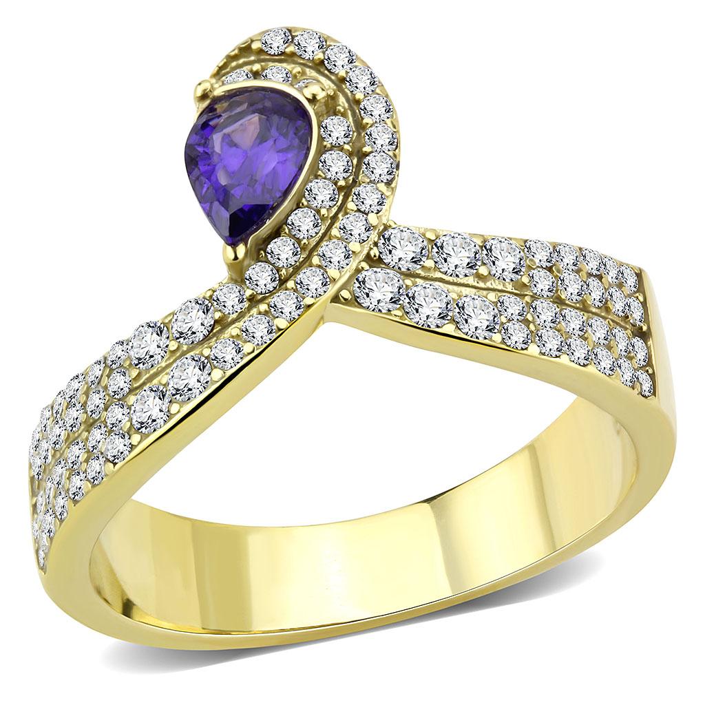 IP Gold(Ion Plating) Stainless Steel Ring with AAA Grade CZ  in Tanzanite