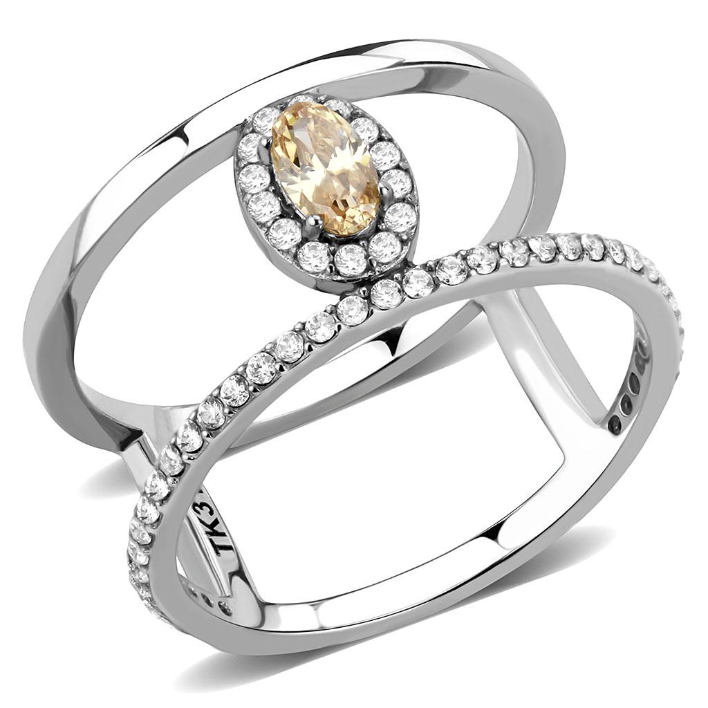 High polished (no plating) Stainless Steel Ring with AAA Grade CZ  in Champagne