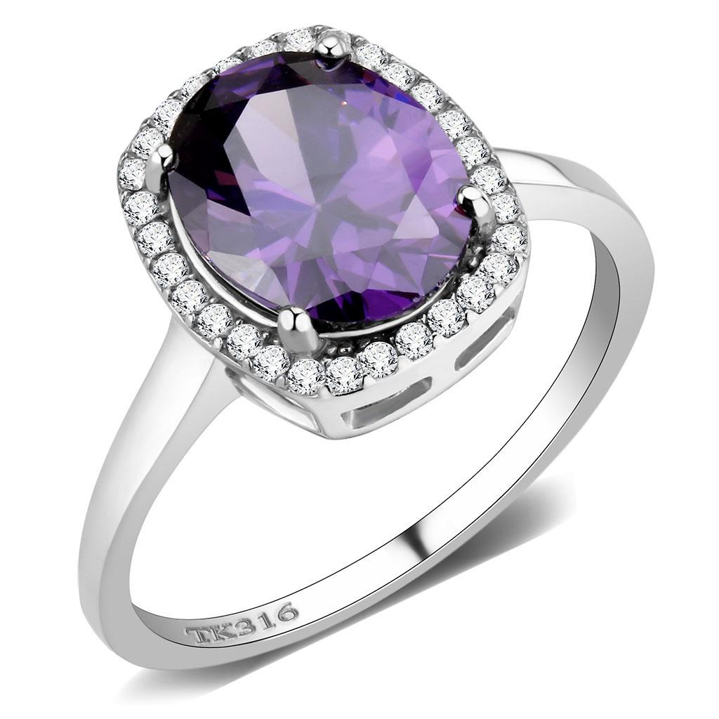 High polished (no plating) Stainless Steel Ring with AAA Grade CZ  in Amethyst