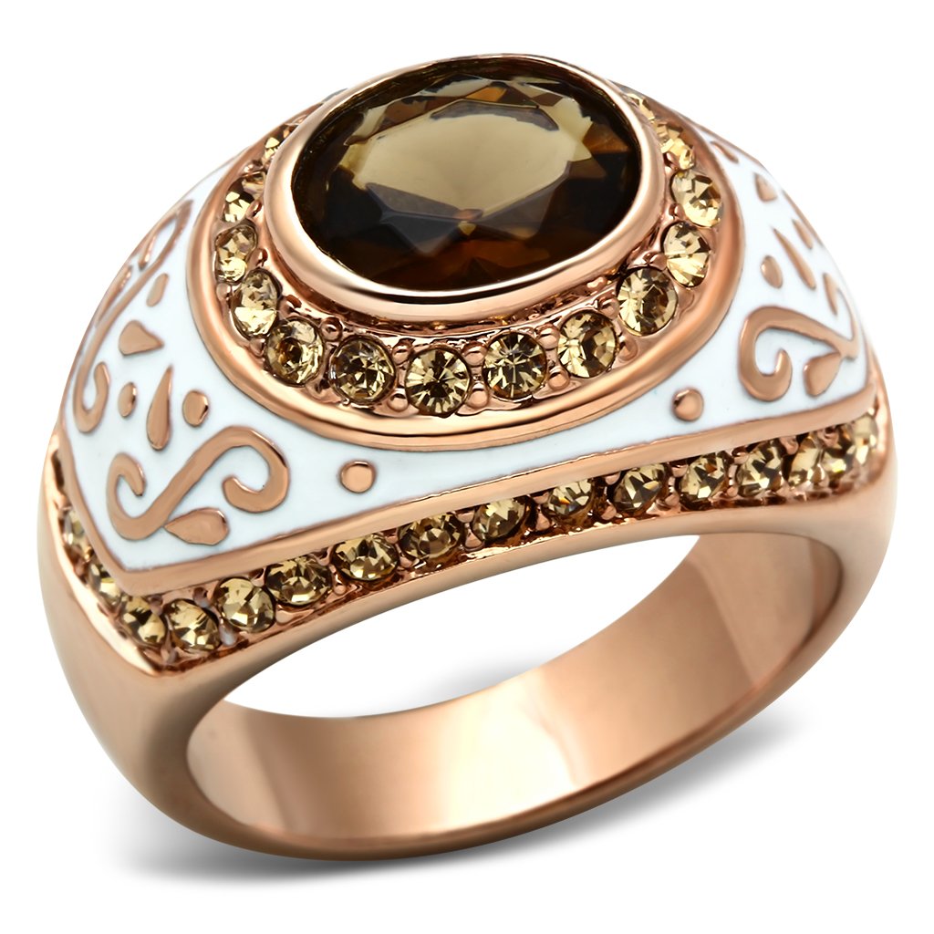 IP Rose Gold(Ion Plating) Brass Ring with Synthetic Synthetic Glass in Brown
