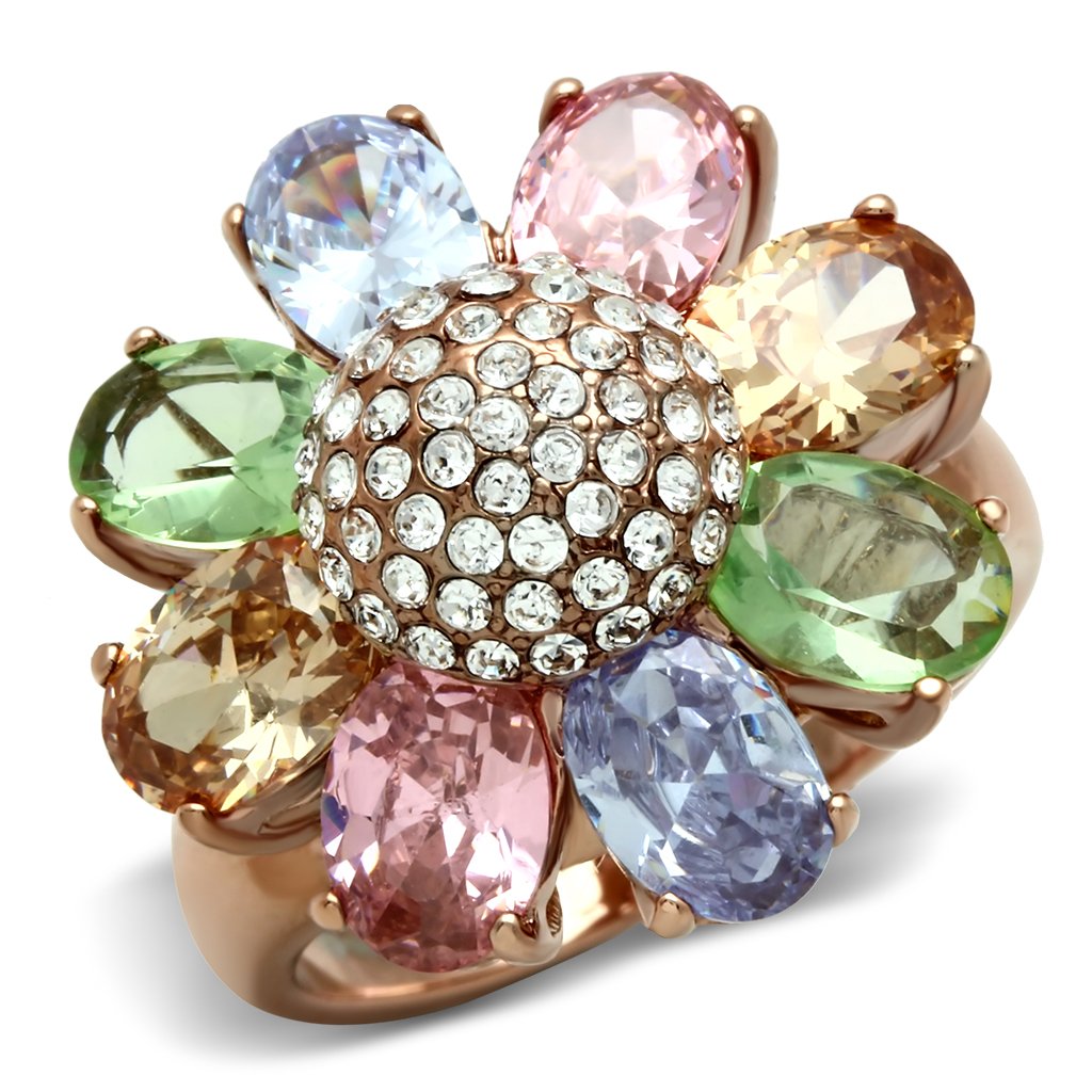 IP Rose Gold(Ion Plating) Brass Ring with AAA Grade CZ  in Multi Color