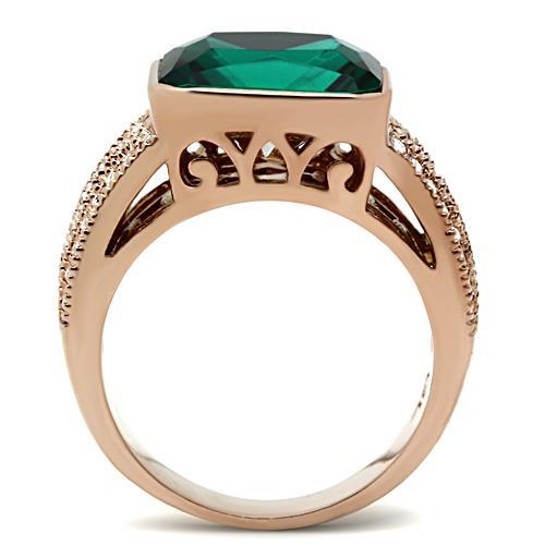 IP Rose Gold(Ion Plating) Brass Ring with Synthetic Synthetic Glass in Blue Zircon