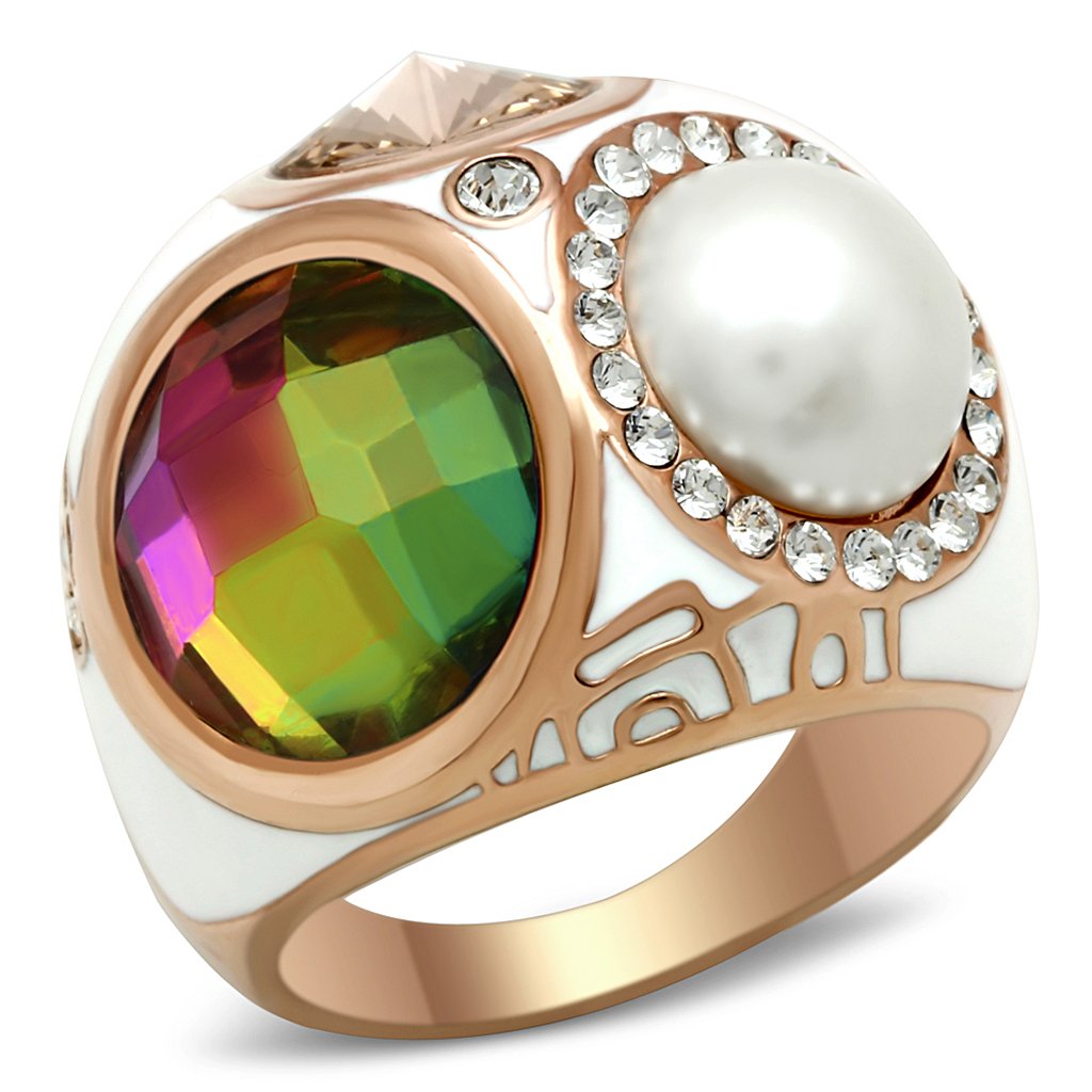 IP Rose Gold(Ion Plating) Brass Ring with Synthetic Synthetic Glass in Multi Color