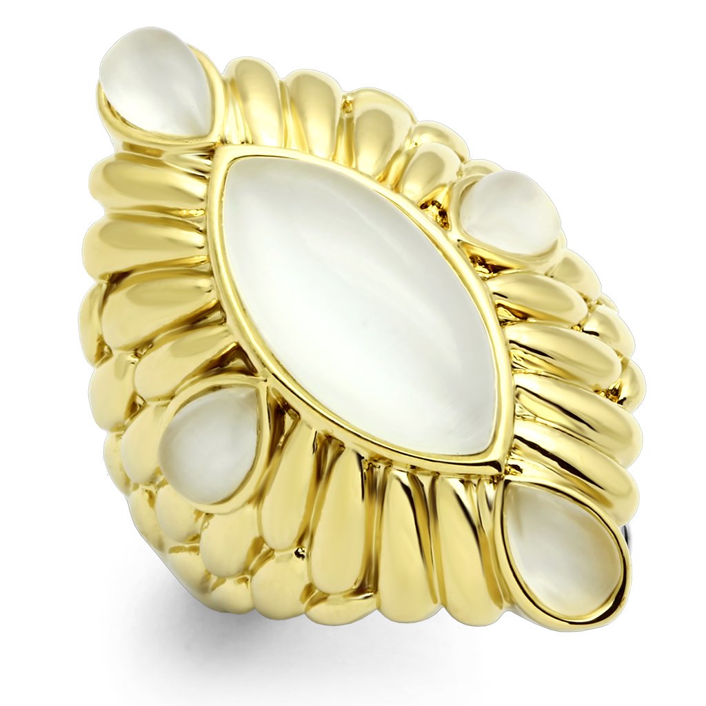 IP Gold(Ion Plating) Brass Ring with Synthetic Cat Eye in White