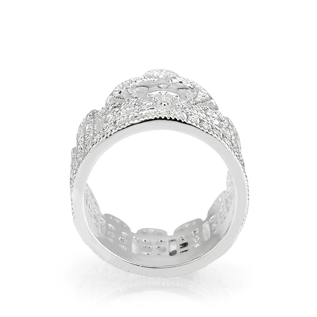 Brass Ring  Synthetic Glass  Clear Rhodium Plated