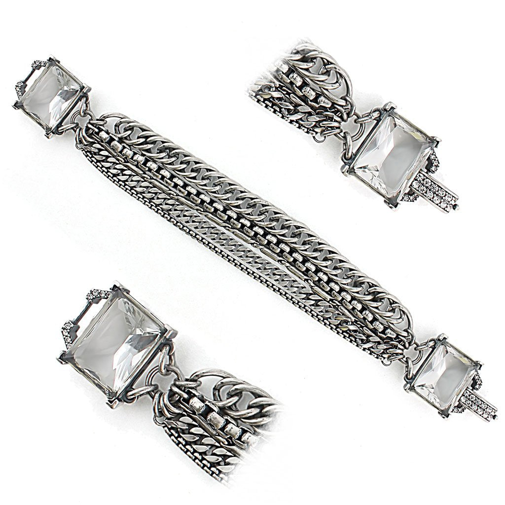 Antique Silver Brass Bracelet with Synthetic Synthetic Glass in Clear