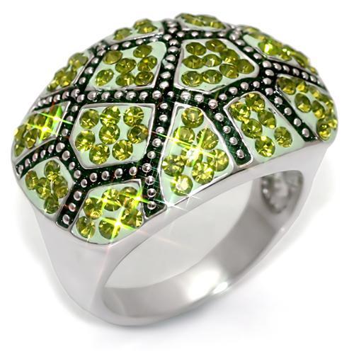 Rhodium Brass Ring with Top Grade Crystal  in Olivine color