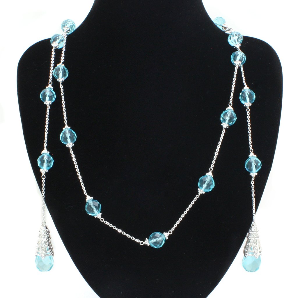 Rhodium White Metal Necklace with Synthetic Glass Bead in Sea Blue