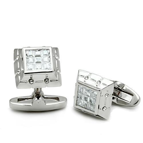 Rhodium Brass Cufflink with AAA Grade CZ  in Clear