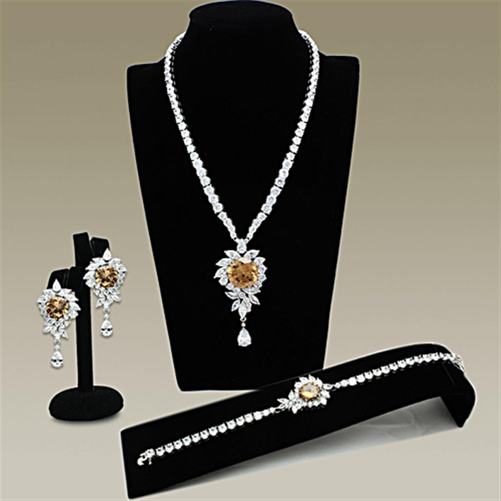 Rhodium Brass Jewelry Sets with AAA Grade CZ  in Champagne