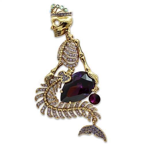 Gold White Metal Brooches with AAA Grade CZ  in Amethyst