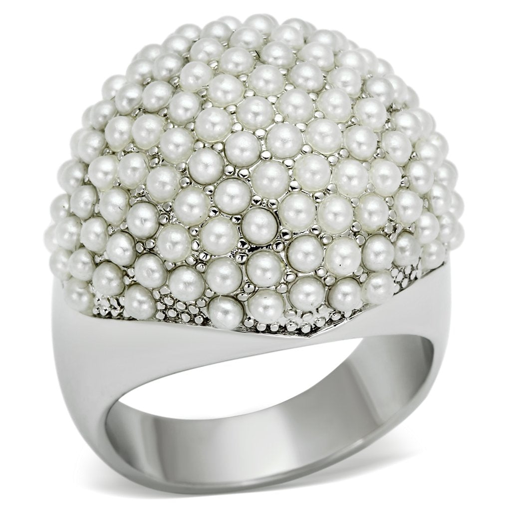 Rhodium Brass Ring with Synthetic Pearl in White
