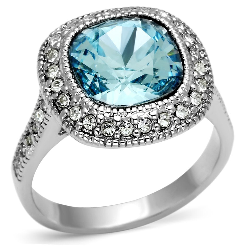 Rhodium Brass Ring with Top Grade Crystal  in Sea Blue