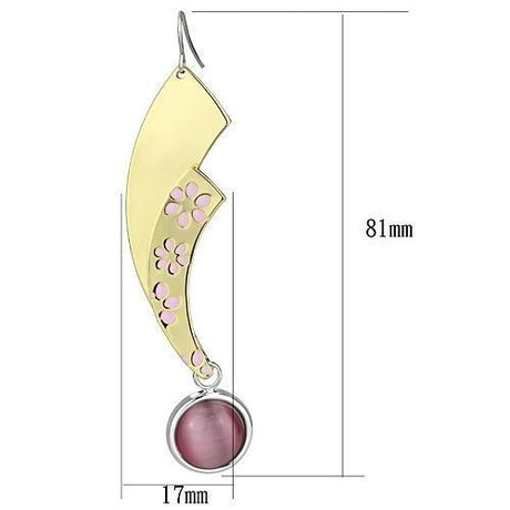 Gold+Rhodium Iron Earrings with Synthetic Cat Eye in Rose