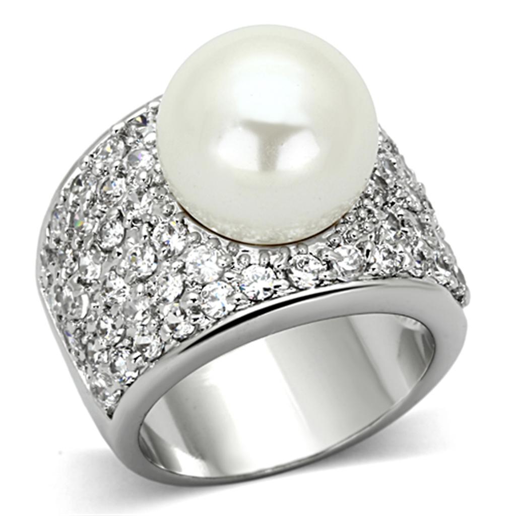 Rhodium Brass Ring with Synthetic Pearl in White