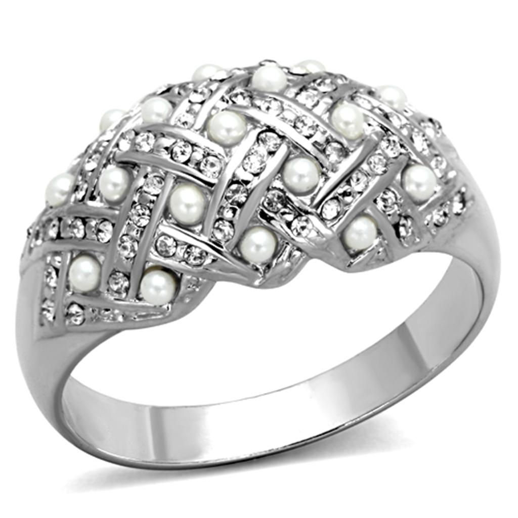 Rhodium Brass Ring with Synthetic Pearl in White