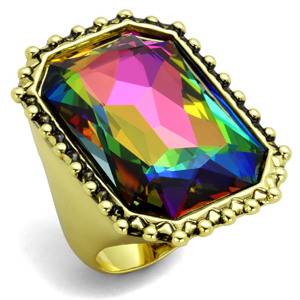 Gold Brass Ring with Top Grade Crystal  in Peacock