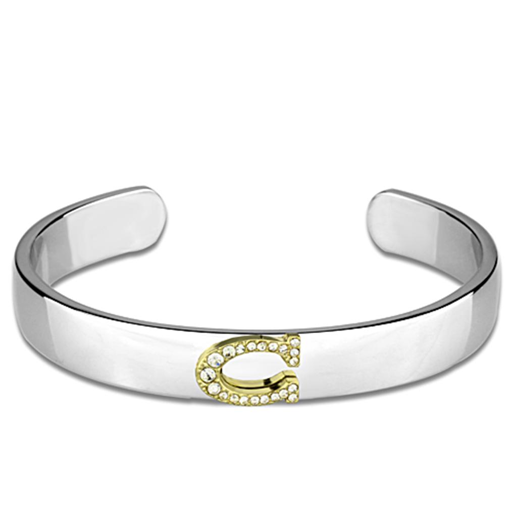 Reverse Two-Tone White Metal Bangle with Top Grade Crystal  in Clear