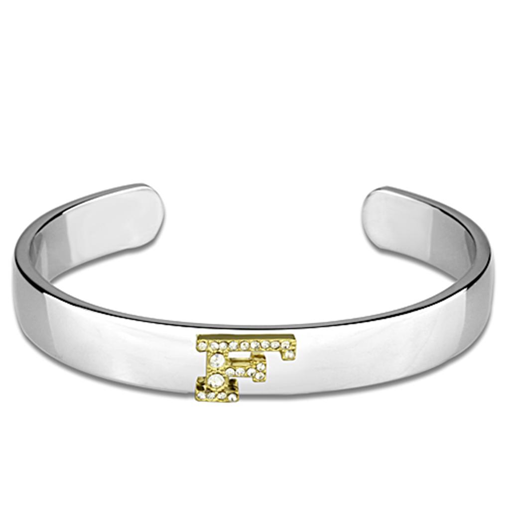 Reverse Two-Tone White Metal Bangle with Top Grade Crystal  in Clear
