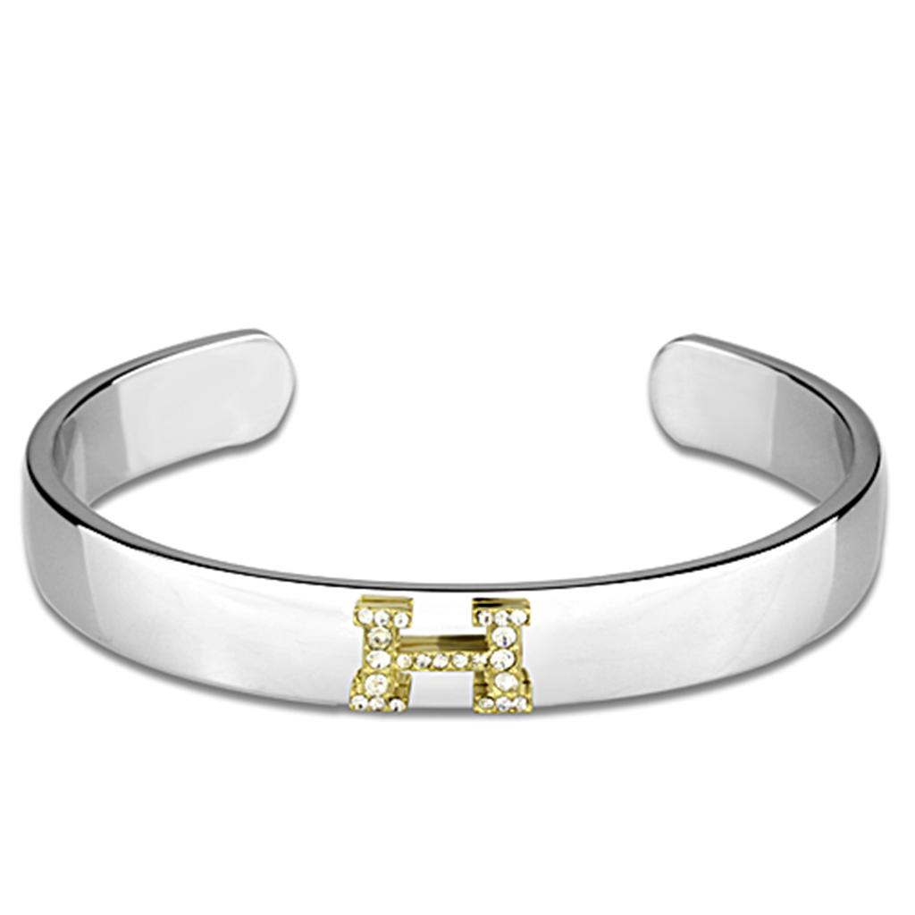 Reverse Two-Tone White Metal Bangle with Top Grade Crystal  in Clear