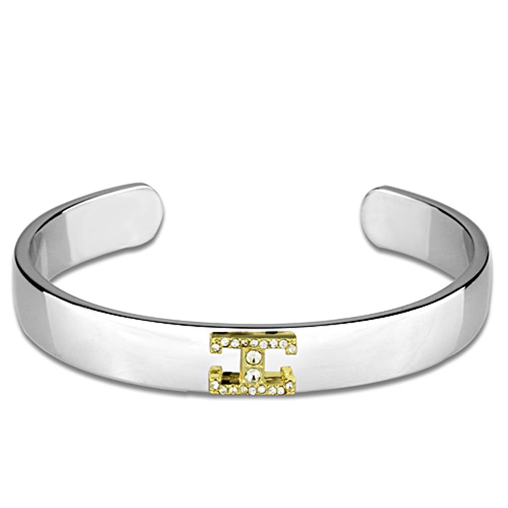 Reverse Two-Tone White Metal Bangle with Top Grade Crystal  in Clear
