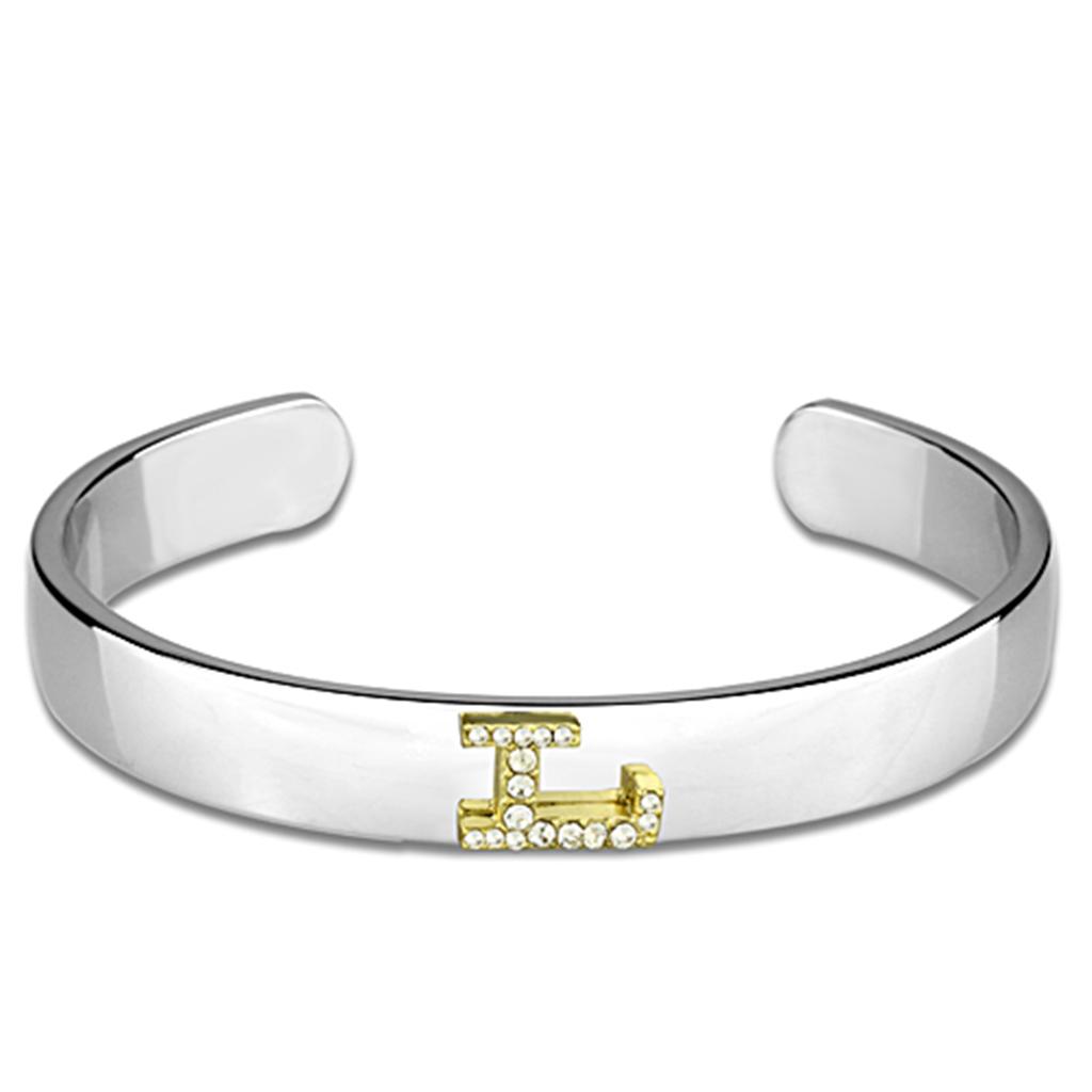 Reverse Two-Tone White Metal Bangle with Top Grade Crystal  in Clear