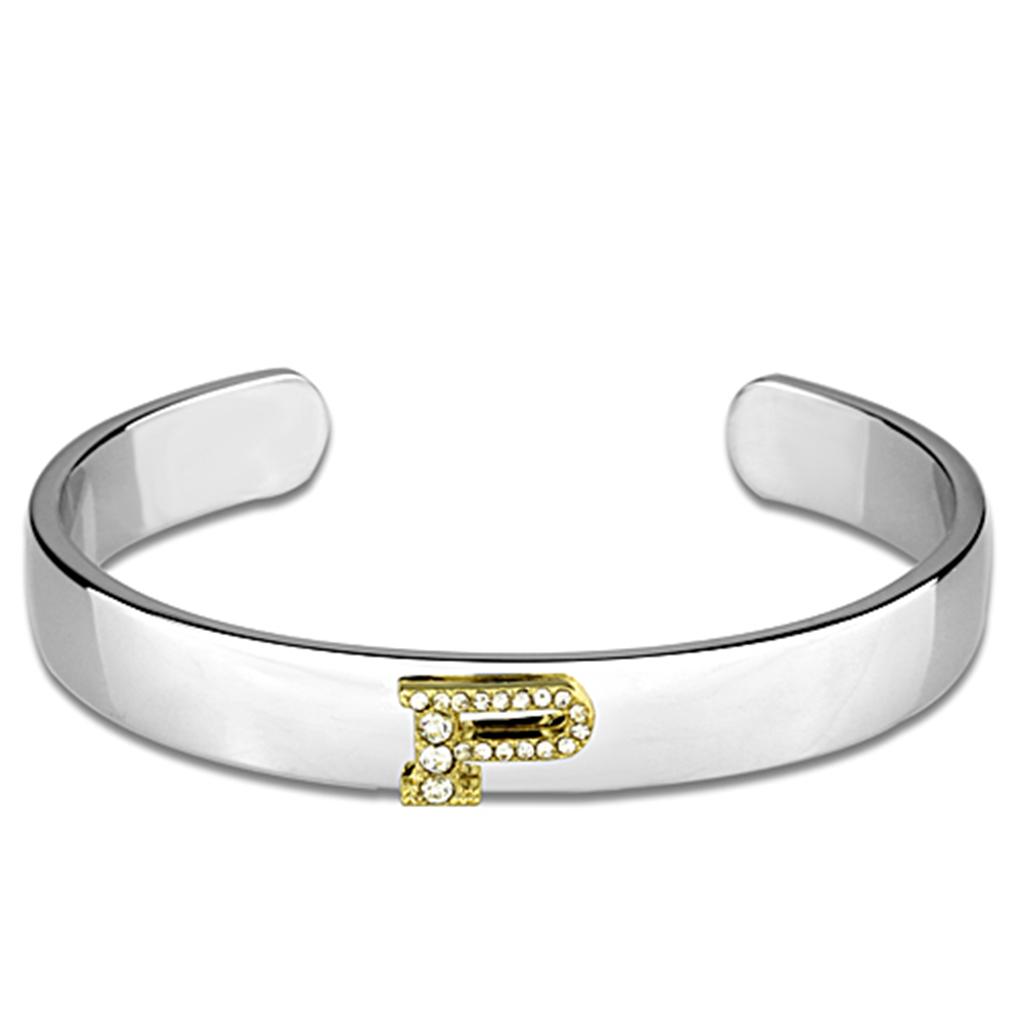 Reverse Two-Tone White Metal Bangle with Top Grade Crystal  in Clear