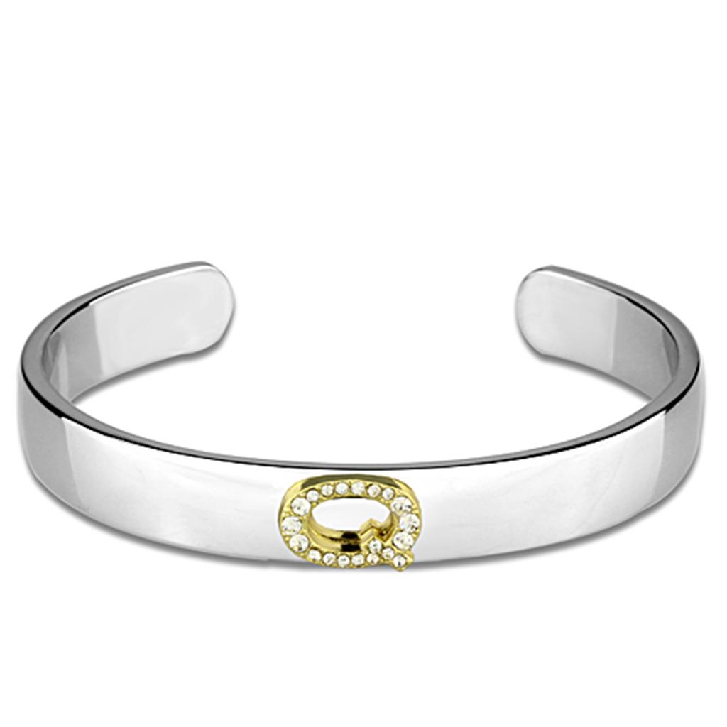 Reverse Two-Tone White Metal Bangle with Top Grade Crystal  in Clear