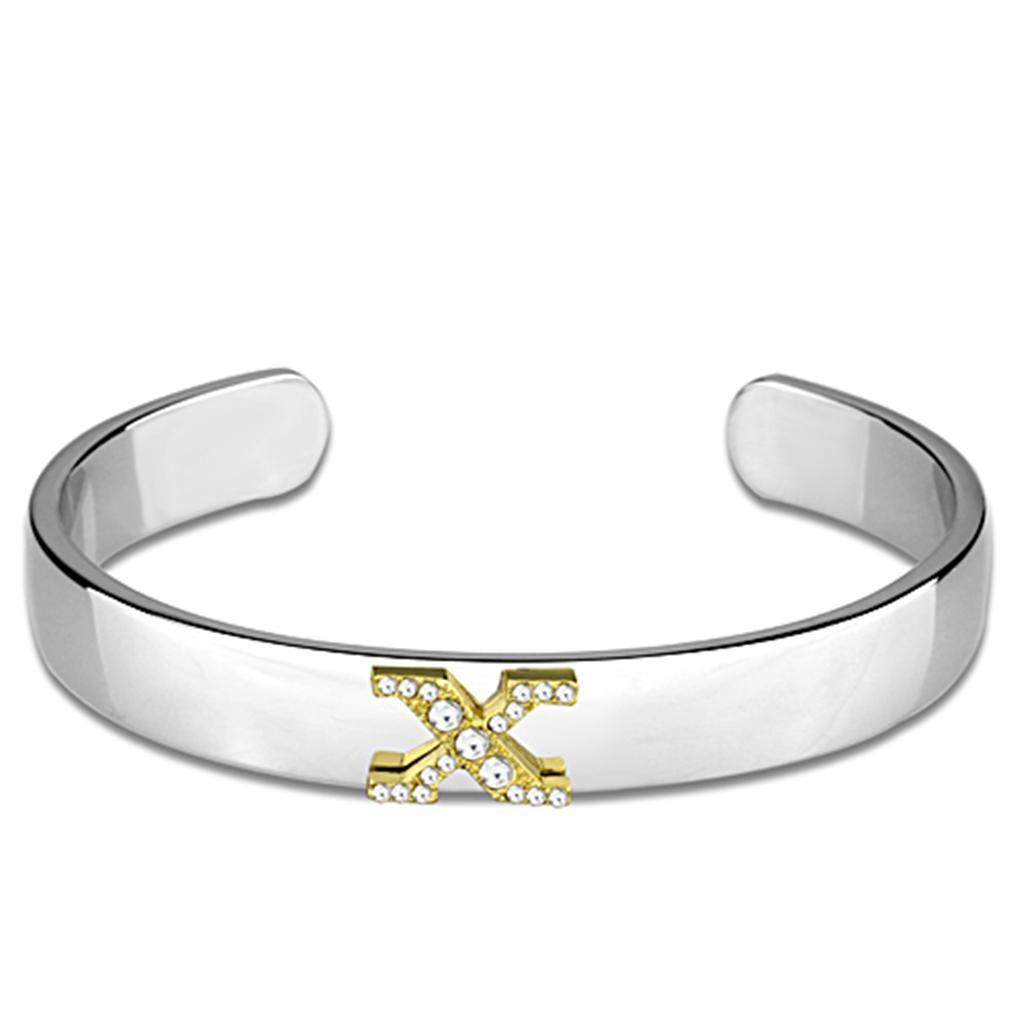 Reverse Two-Tone White Metal Bangle with Top Grade Crystal  in Clear