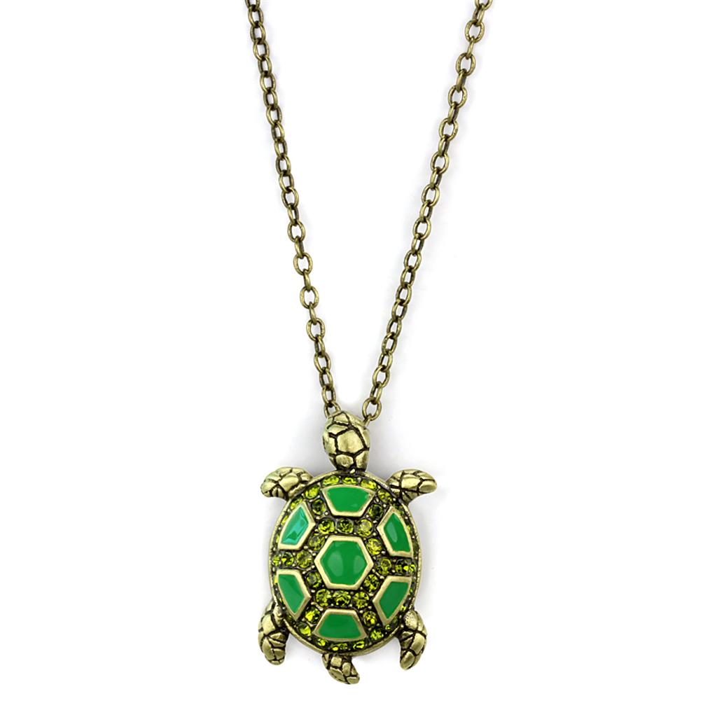 Antique Copper Brass Chain Pendant with Top Grade Crystal  in Olivine color