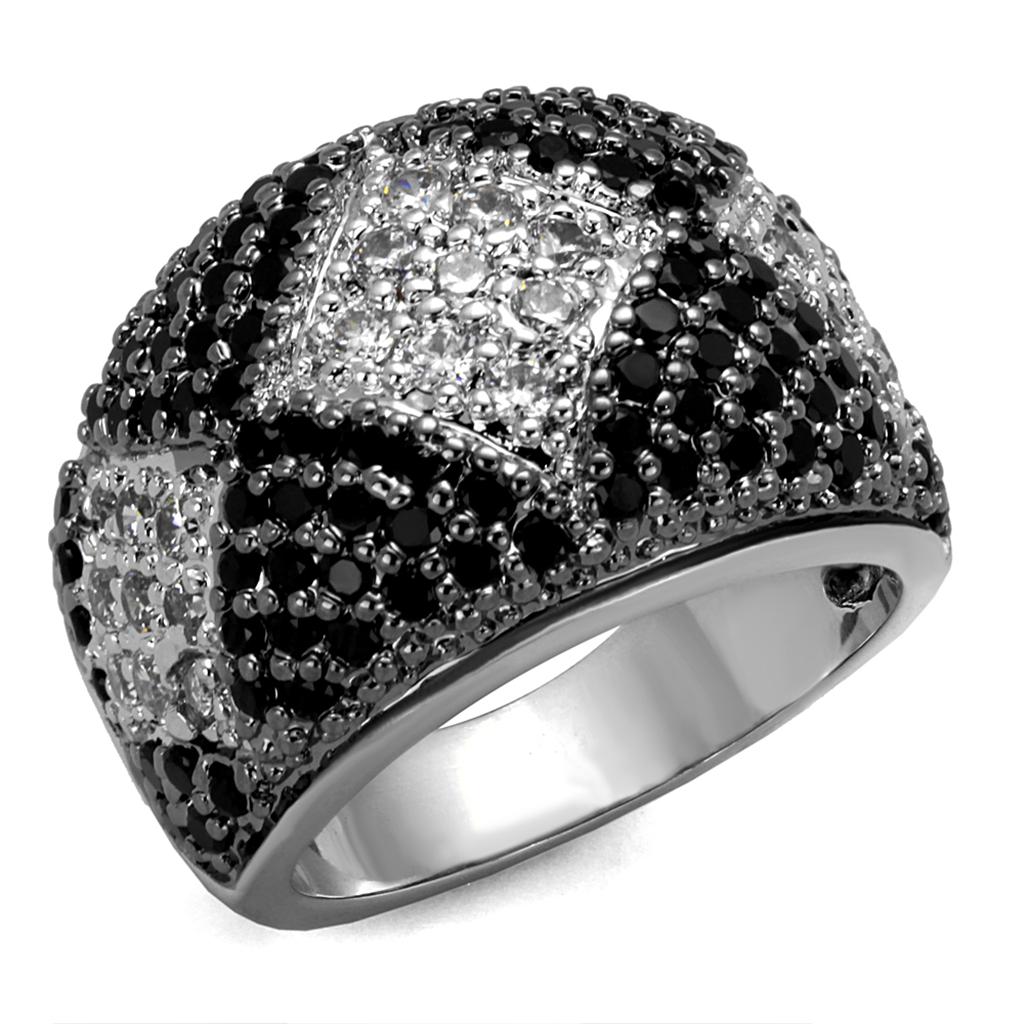 Rhodium + Ruthenium Brass Ring with AAA Grade CZ  in Black Diamond