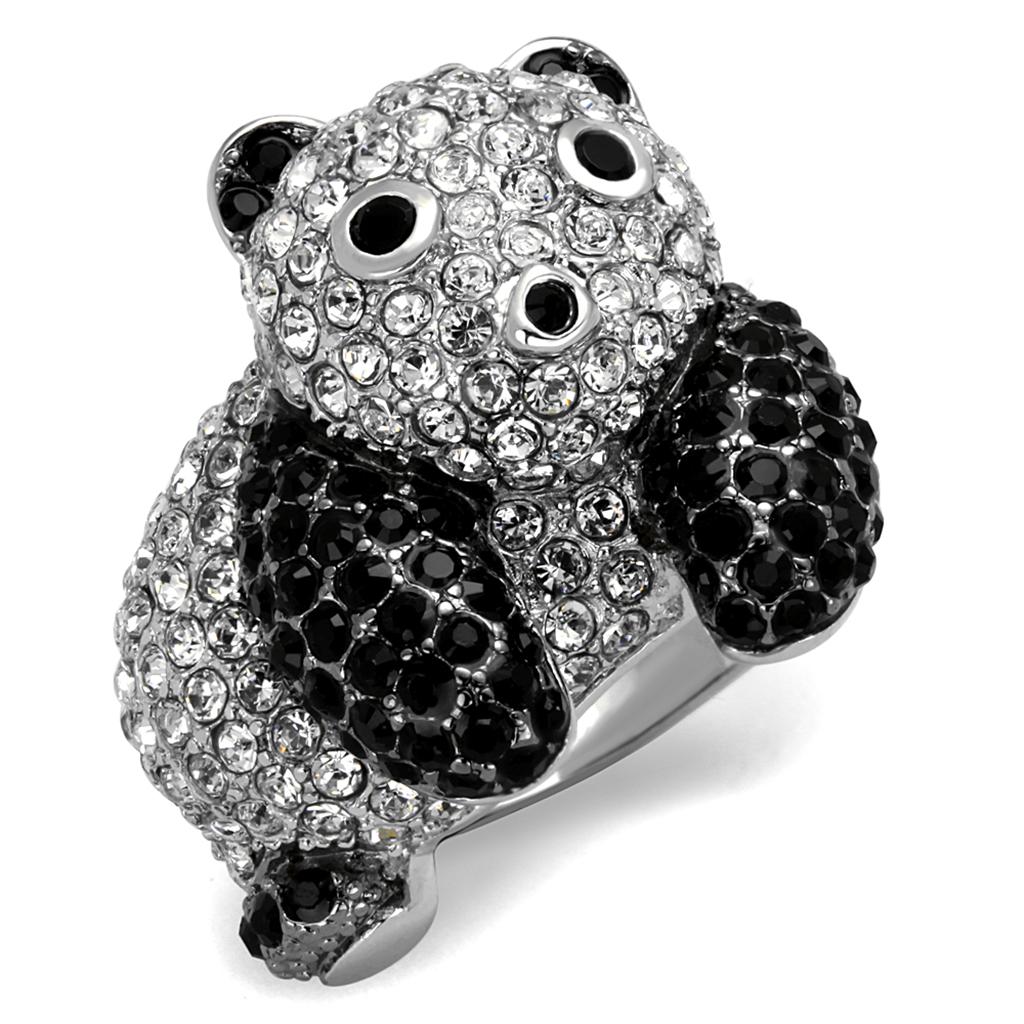 Rhodium + Ruthenium Brass Ring with Synthetic Synthetic Glass in Jet