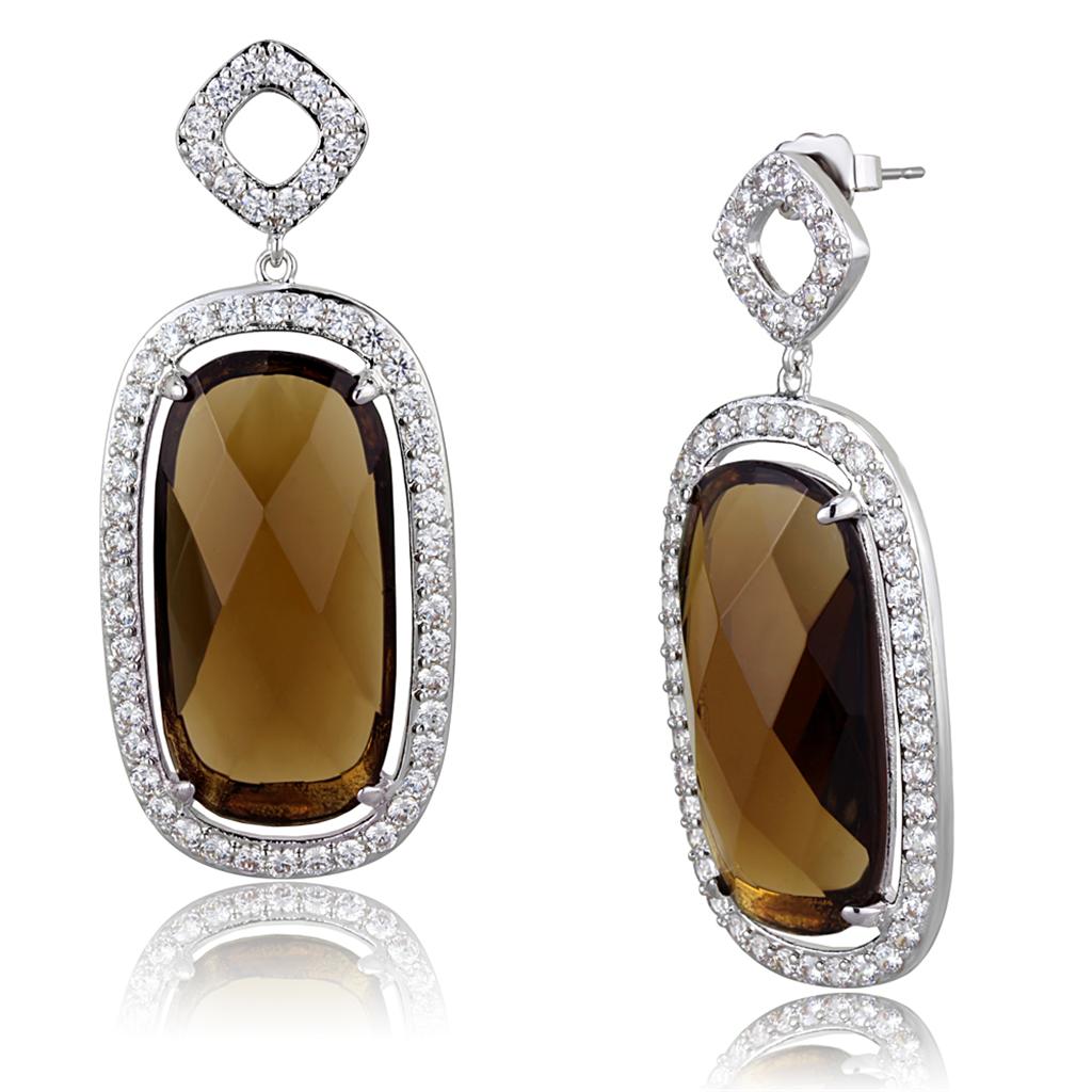 Rhodium Brass Earrings with Synthetic Synthetic Glass in Brown