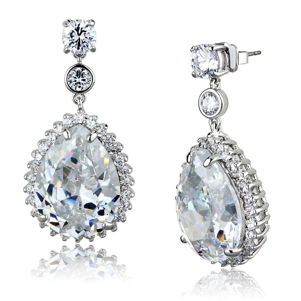 Rhodium Brass Earrings with AAA Grade CZ  in Clear