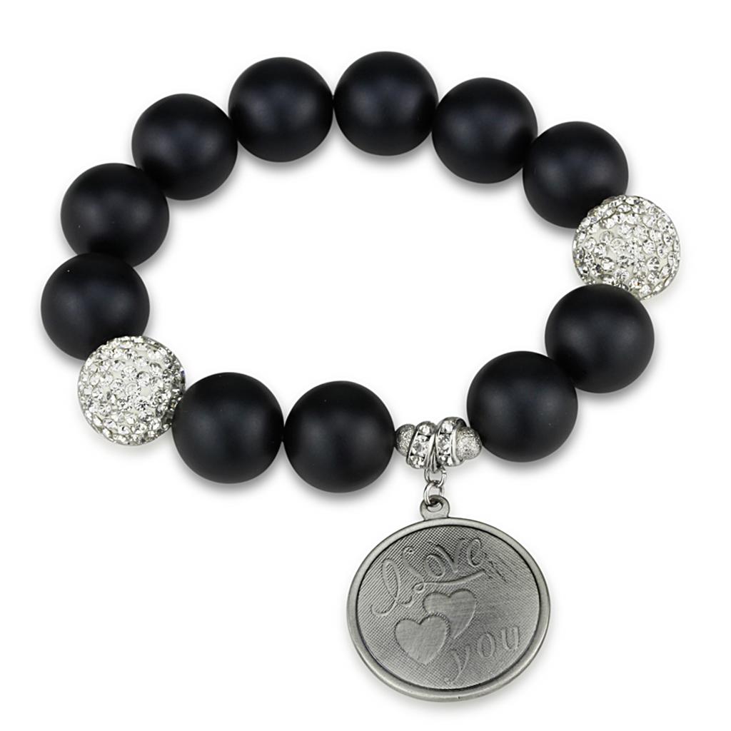 Antique Silver White Metal Bracelet with Synthetic Onyx in Jet