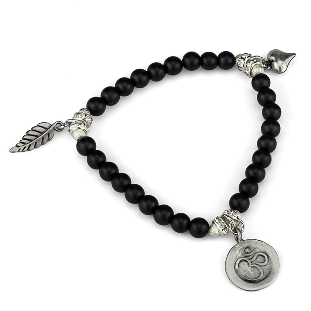 Antique Silver Brass Bracelet with Synthetic Glass Bead in Jet