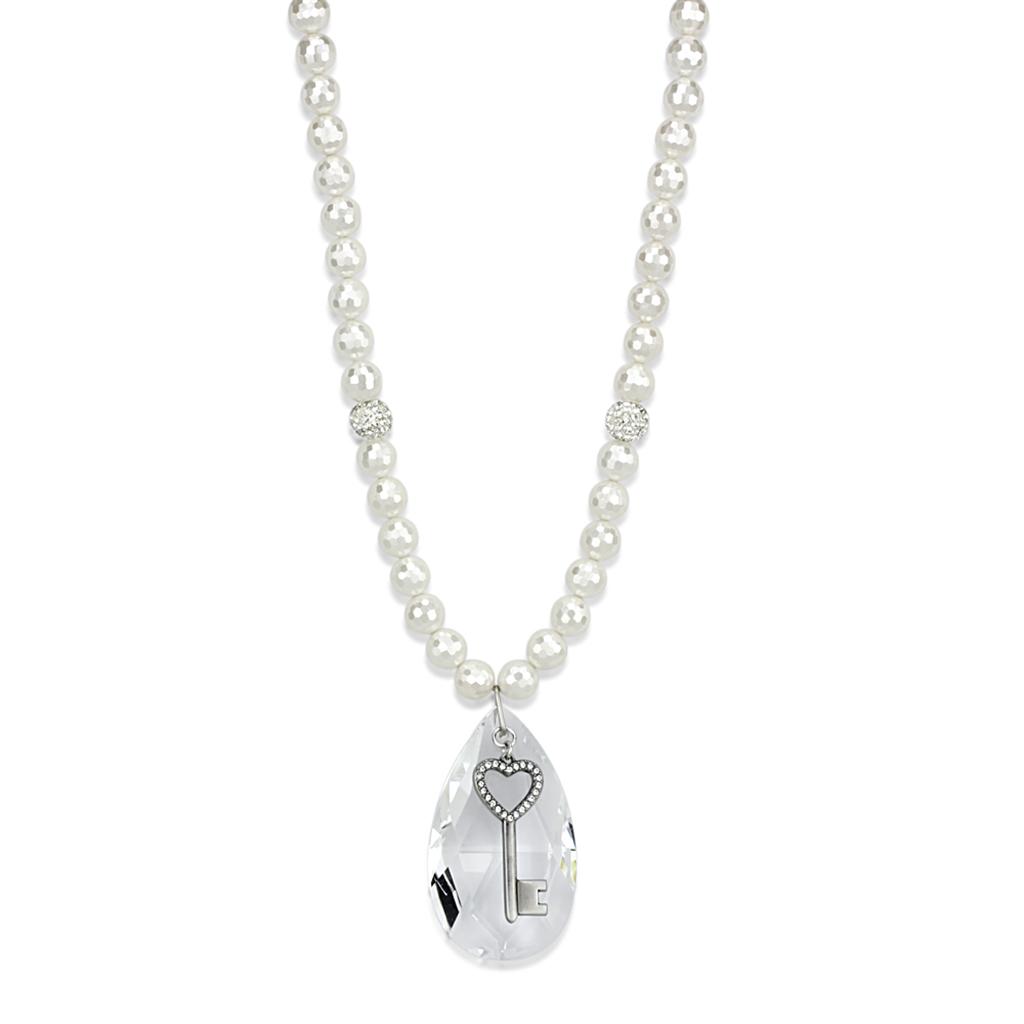 Antique Silver White Metal Necklace with Synthetic Synthetic Glass in Clear