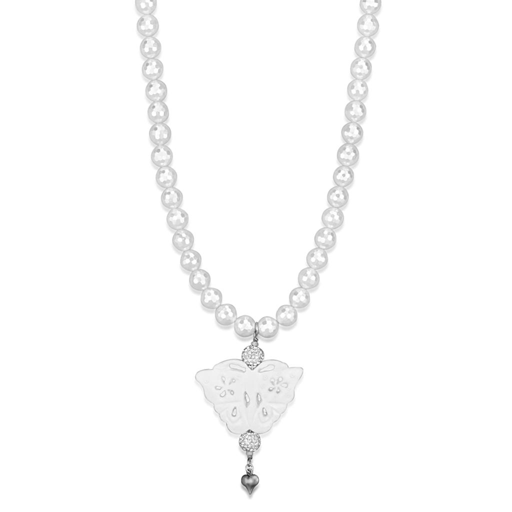 Antique Silver White Metal Necklace with Synthetic Glass Bead in White