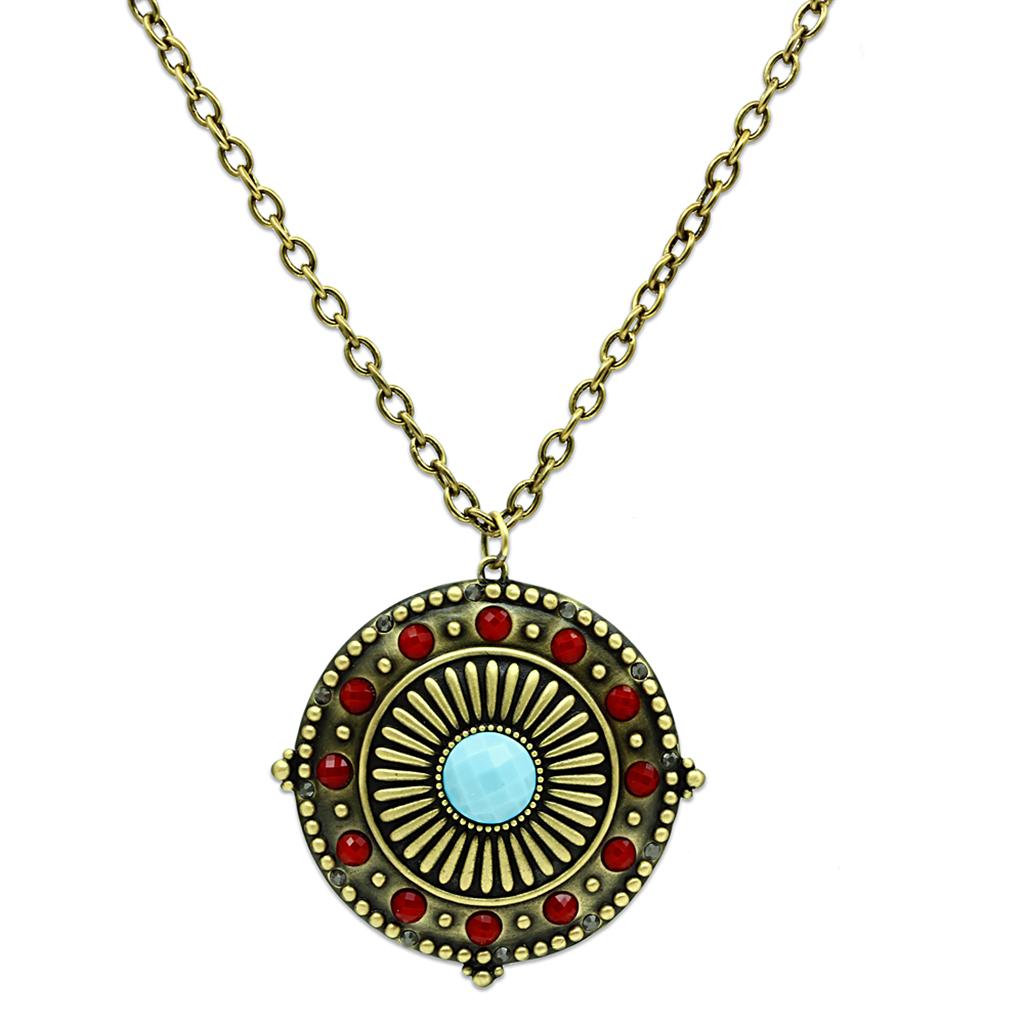 Antique Copper Brass Chain Pendant with Synthetic Synthetic Glass in Sea Blue