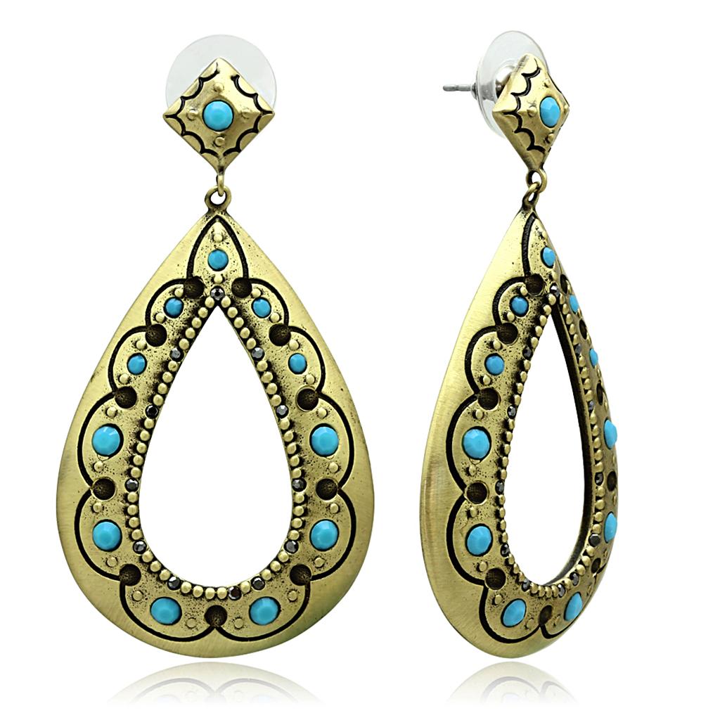 Antique Copper Brass Earrings with Top Grade Crystal  in Turquoise