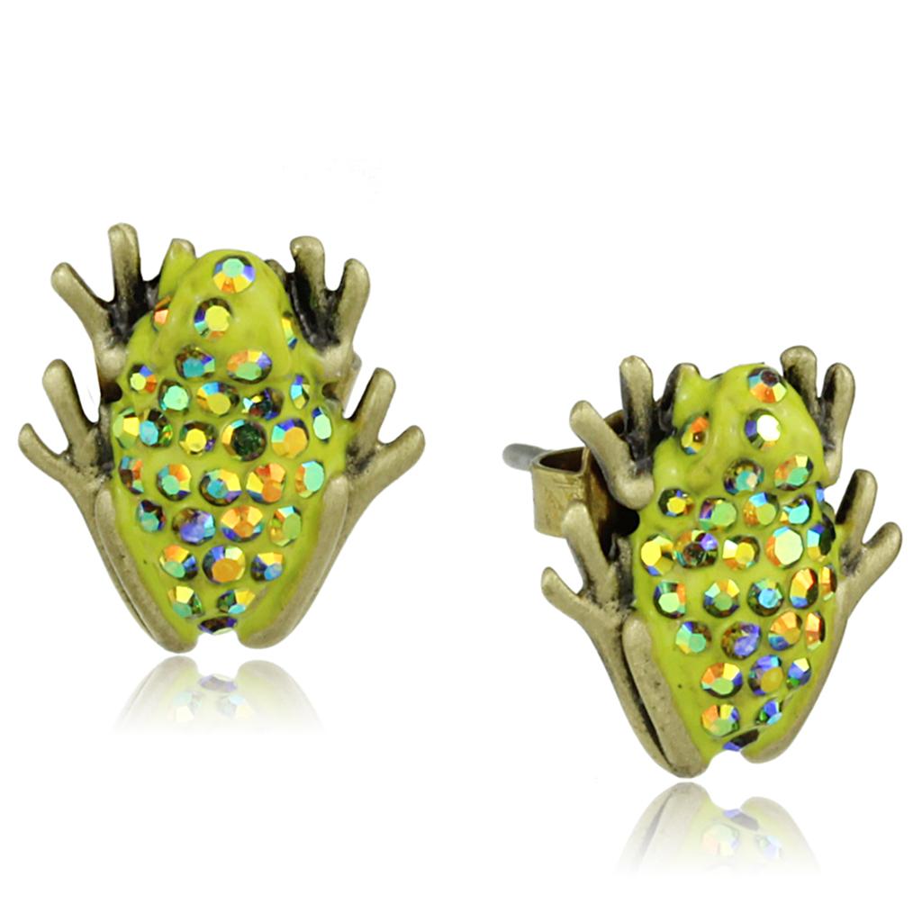 Antique Copper Brass Earrings with Top Grade Crystal  in Peridot