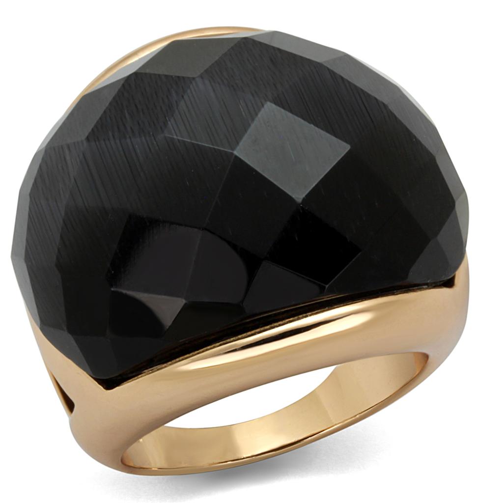 Rose Gold Brass Ring with Synthetic Cat Eye in Jet