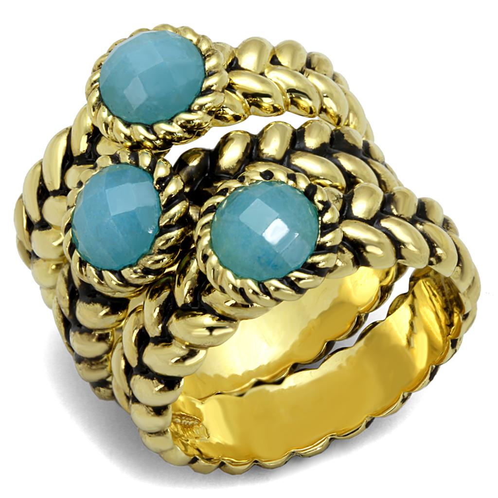 Gold Brass Ring with Synthetic Cat Eye in Sea Blue