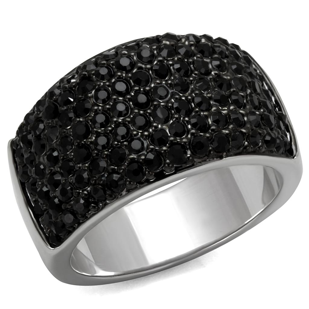 Rhodium+Hematite Brass Ring with Top Grade Crystal  in Jet