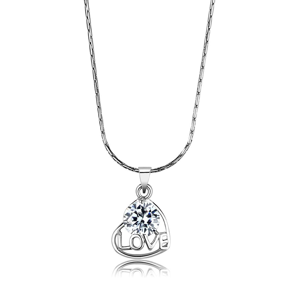 Rhodium Brass Chain Pendant with AAA Grade CZ  in Clear