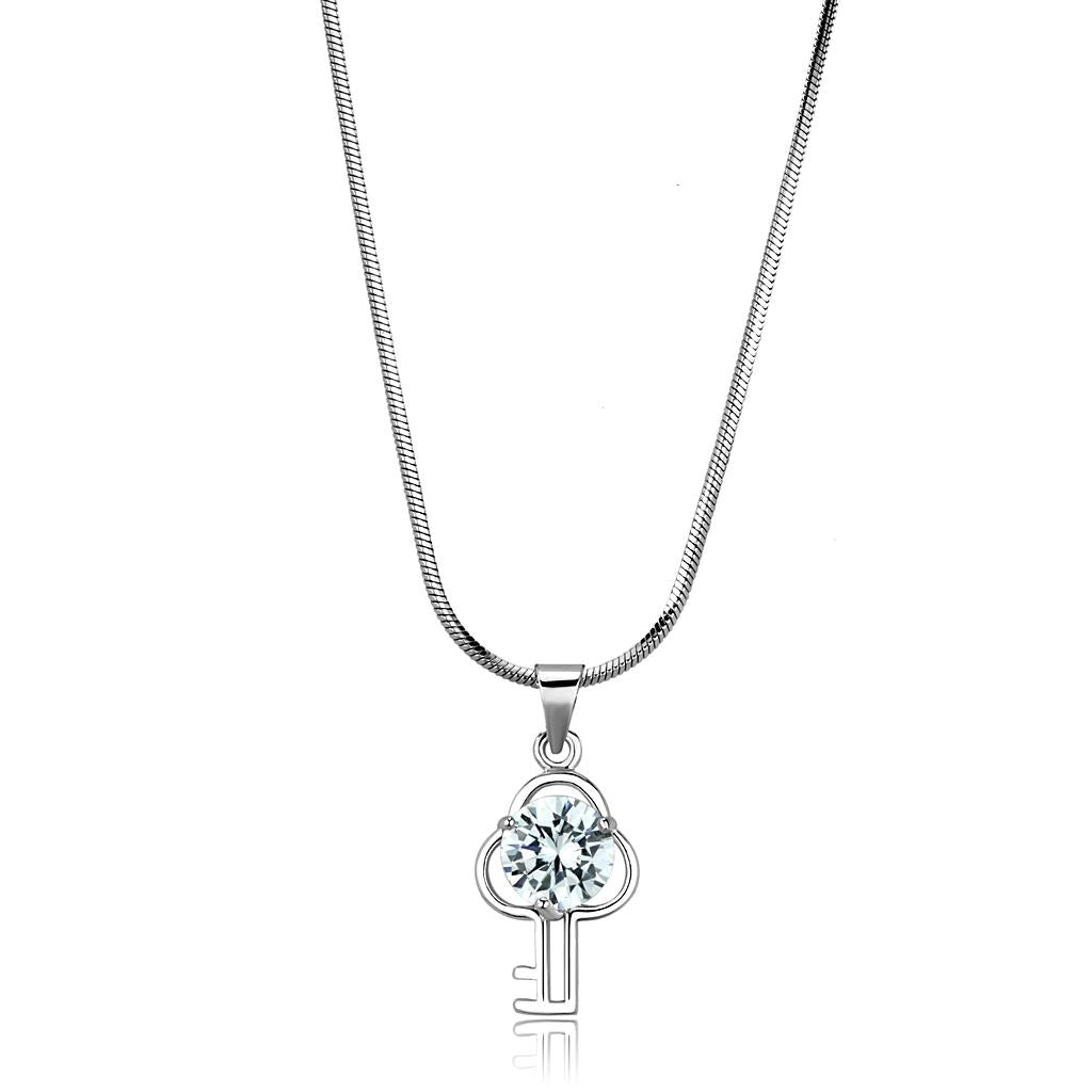 Rhodium Brass Chain Pendant with AAA Grade CZ  in Clear